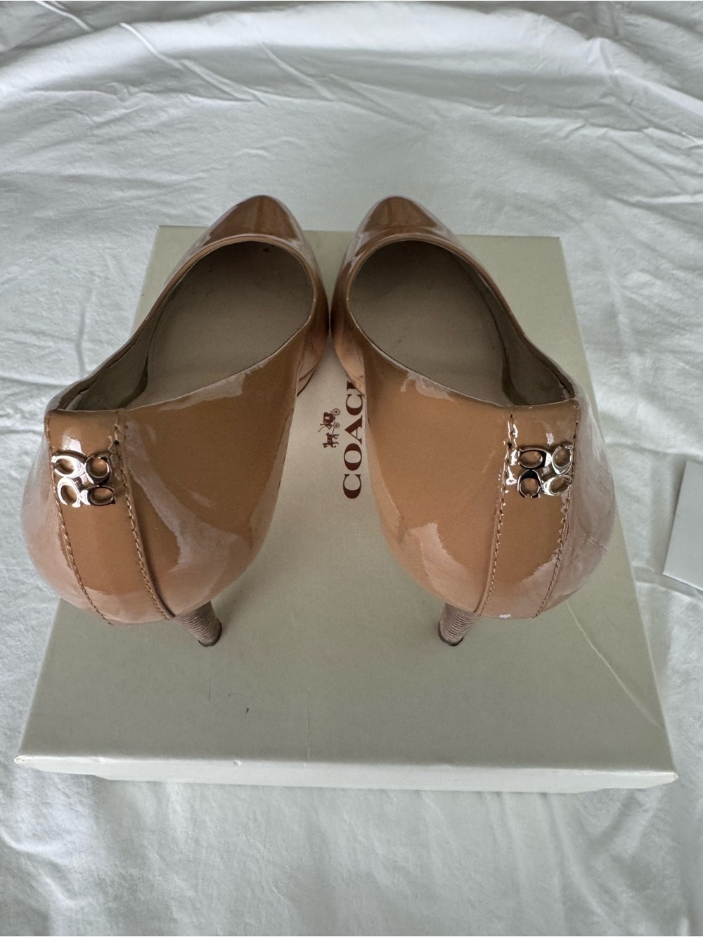 Coach Patent Leather Tan Pointed-Toe Heels with Logo Accent